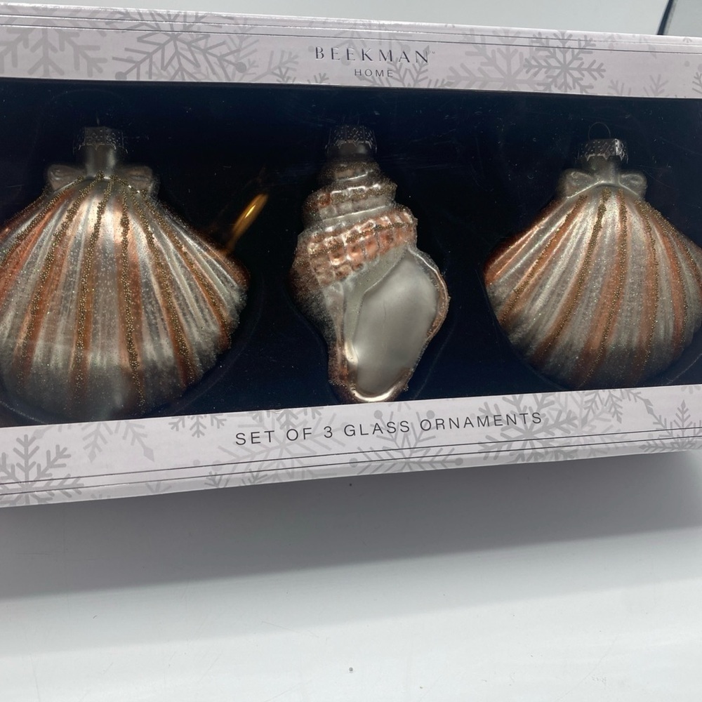 Beekman Home Glass SeaShells Ornaments Box Of 3. Glitter Shimmery
